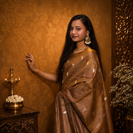 Antique Bronze Handwoven Pure Kosa Silk Saree with Geometric Zari Pallu