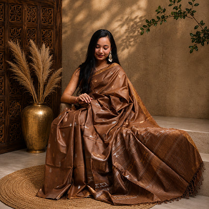 Antique Bronze Handwoven Pure Kosa Silk Saree with Geometric Zari Pallu