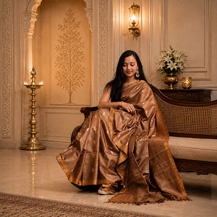 Antique Bronze Handwoven Pure Kosa Silk Saree with Geometric Zari Pallu