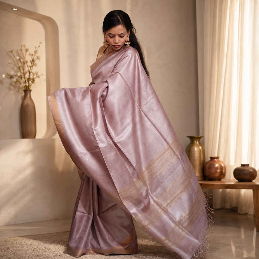 Antique Bronze Handwoven Pure Tassar Silk Saree with Subtle Zari Borders