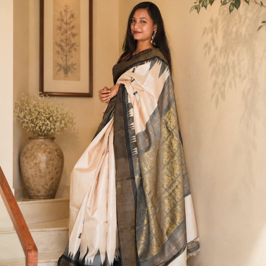 Black Kanak Handwoven Kosa Silk Saree with Tribal Motif Border