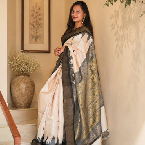Black Kanak Handwoven Kosa Silk Saree with Tribal Motif Border