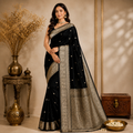 Midnight Noir Pure Organza Silk Saree – Black with Antique Silver Zari Border