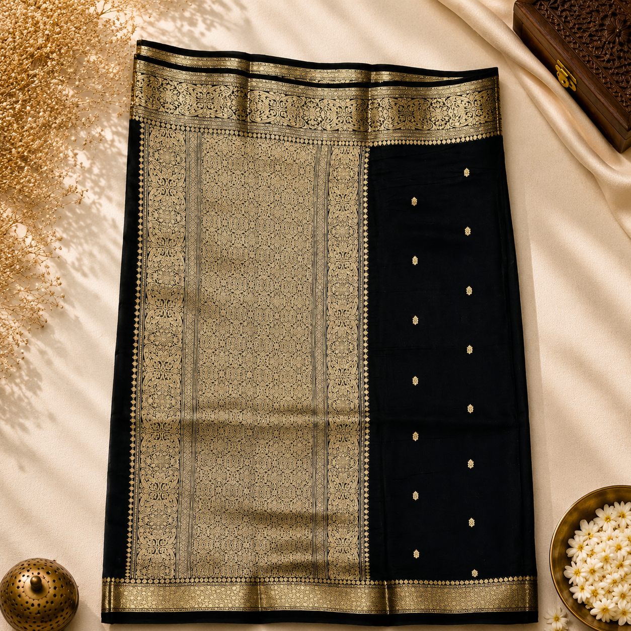 Midnight Noir Pure Organza Silk Saree – Black with Antique Silver Zari Border