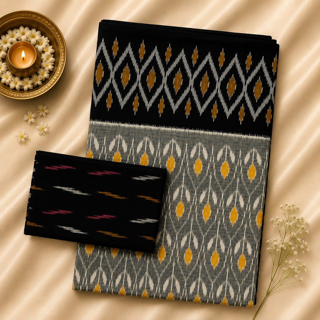 Pochampally Ikkat Cotton Saree – Charcoal Grey & Black Handwoven Elegance