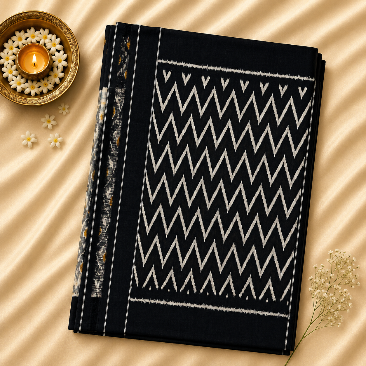 Pochampally Ikkat Cotton Saree – Charcoal Grey & Black Handwoven Elegance