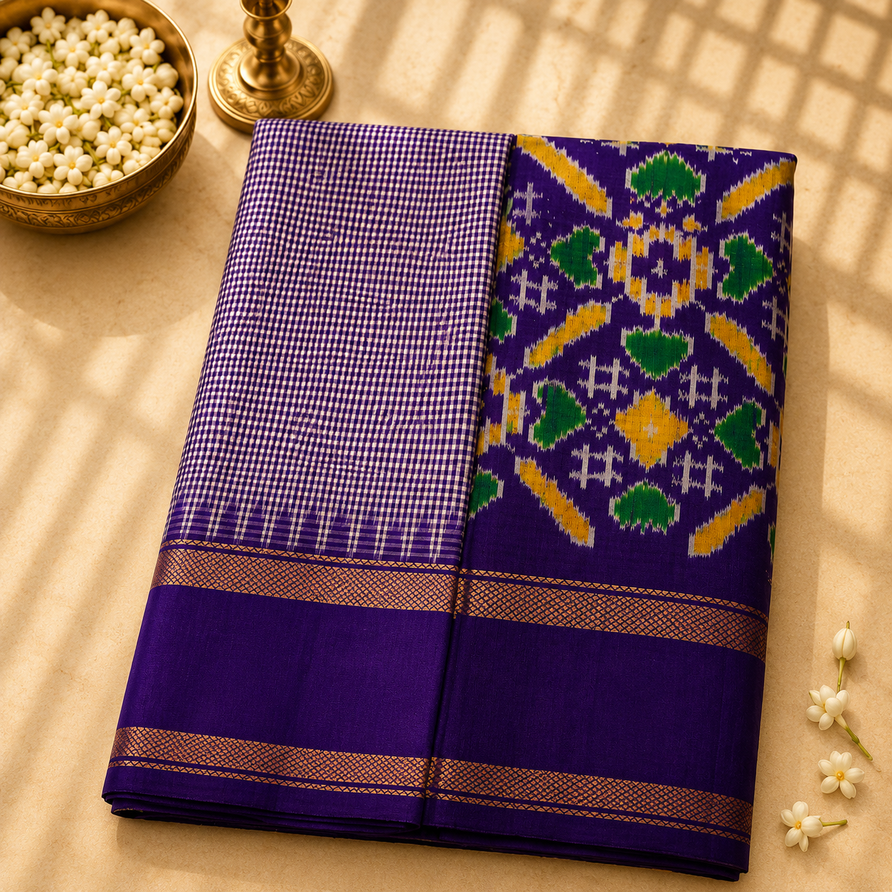 Chitrakah Ikkat Purple & Ivory Pure Silk Saree with Traditional Woven Border