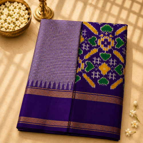 Chitrakah Ikkat Purple & Ivory Pure Silk Saree with Traditional Woven Border