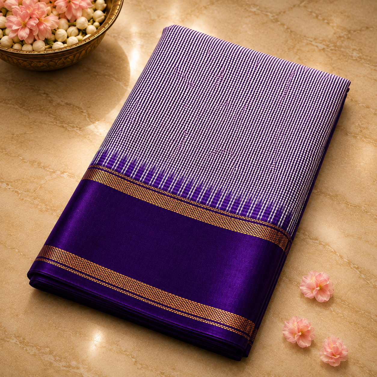Chitrakah Ikkat Purple & Ivory Pure Silk Saree with Traditional Woven Border