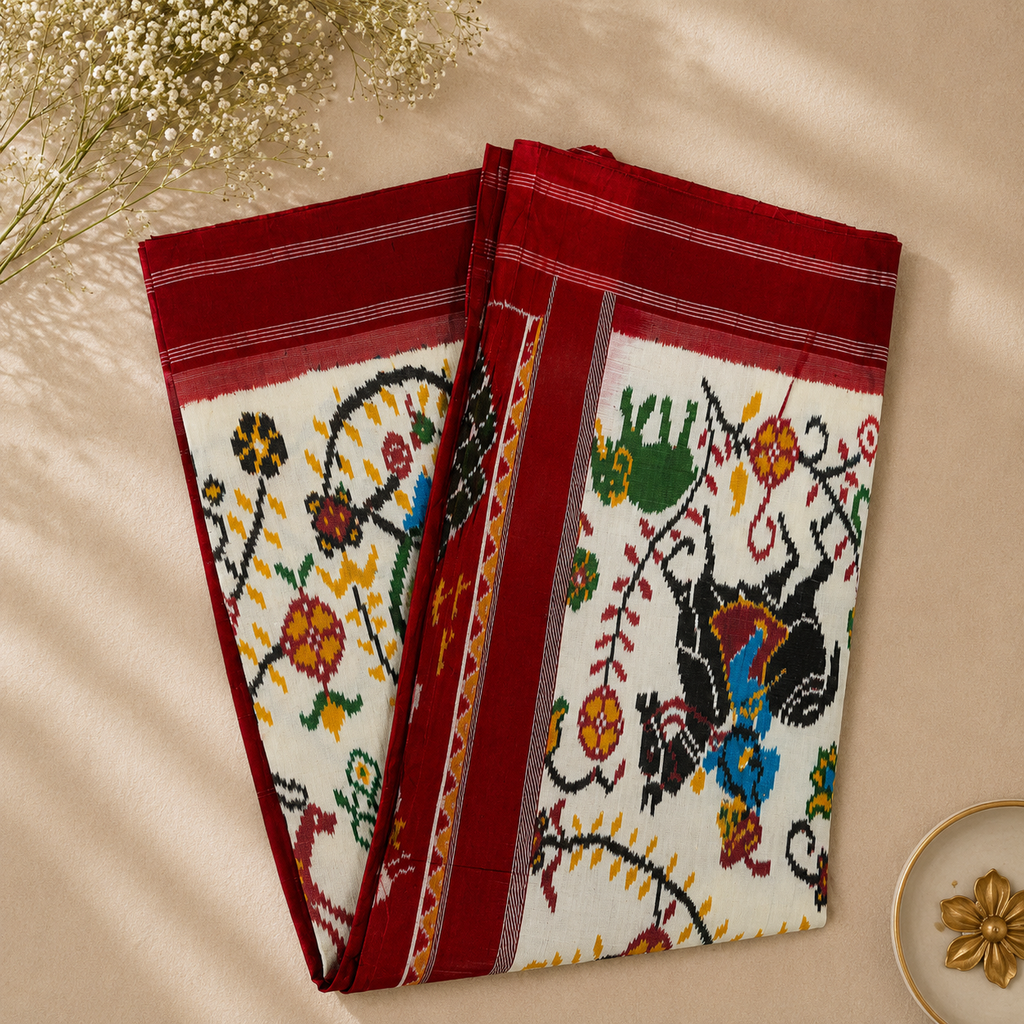 Royal Heritage Pure Pochampally Silk Saree – Ivory with Deep Maroon Border & Traditional Ikat Art