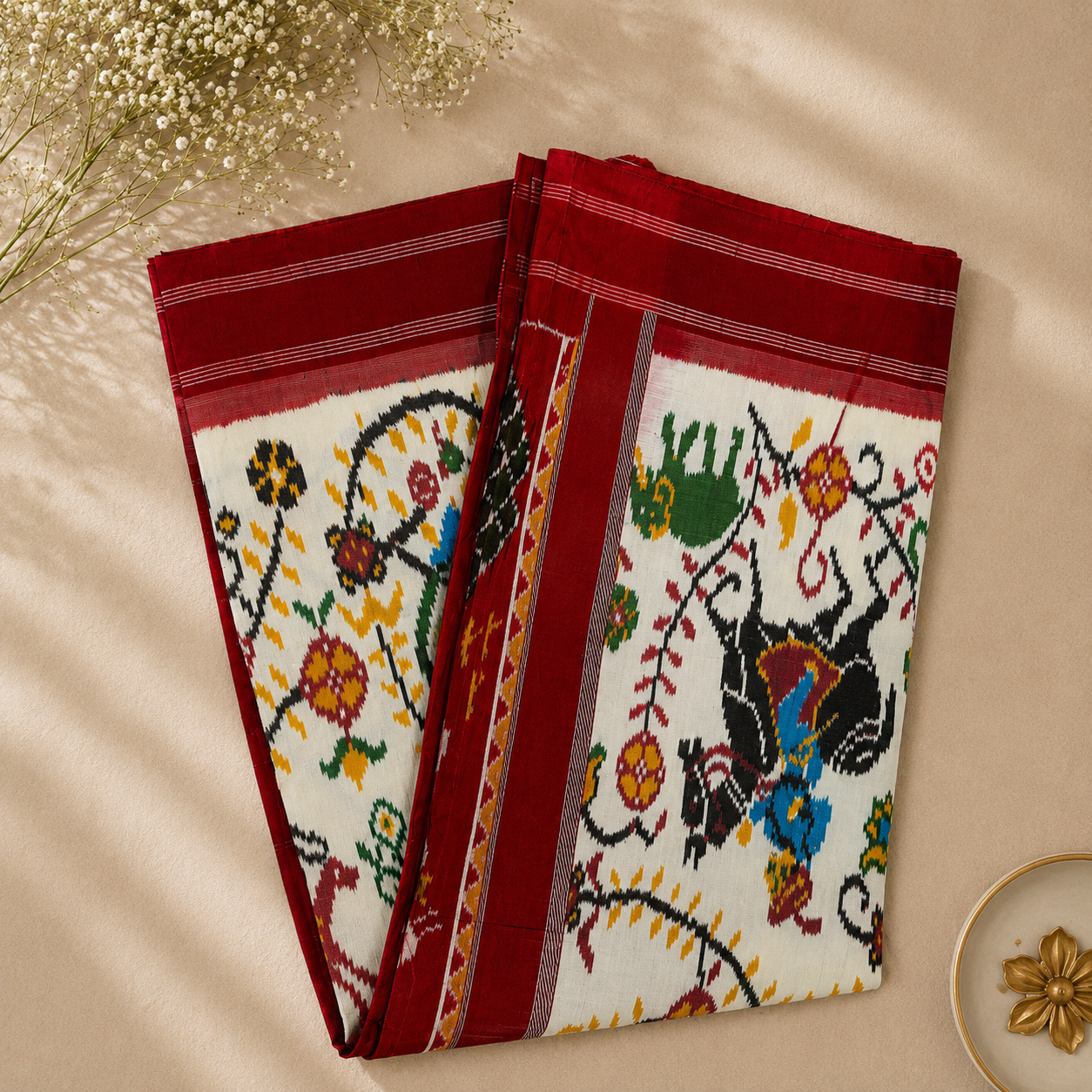 Royal Heritage Pure Pochampally Silk Saree – Ivory with Deep Maroon Border & Traditional Ikat Art
