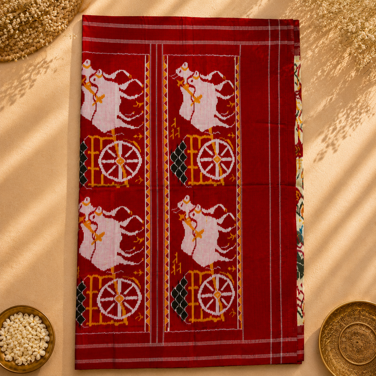Royal Heritage Pure Pochampally Silk Saree – Ivory with Deep Maroon Border & Traditional Ikat Art