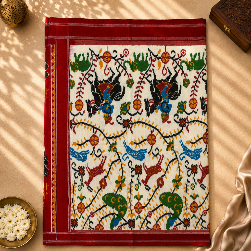 Royal Heritage Pure Pochampally Silk Saree – Ivory with Deep Maroon Border & Traditional Ikat Art