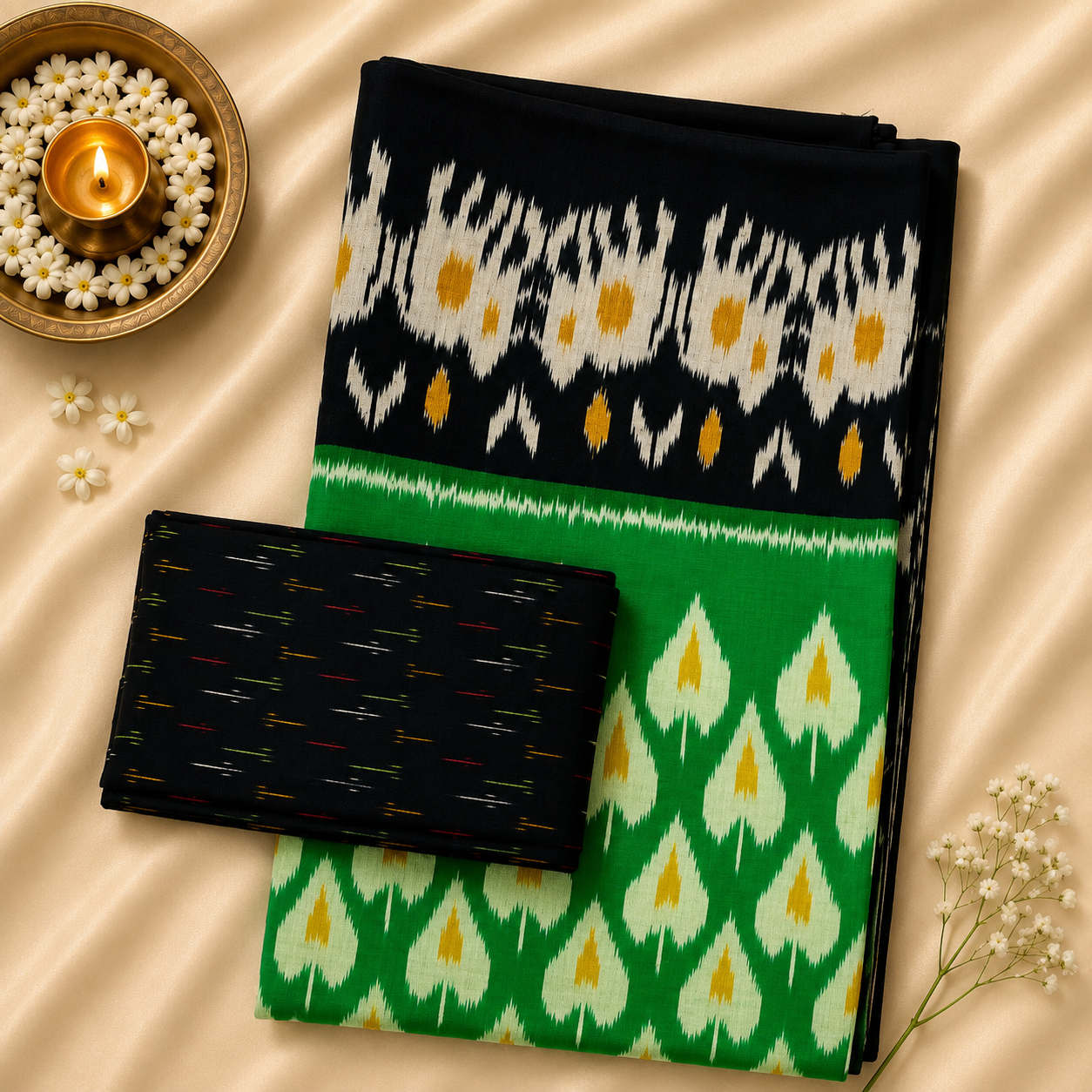 Pochampally Ikkat Cotton Saree – Emerald Green & Black Handwoven Elegance