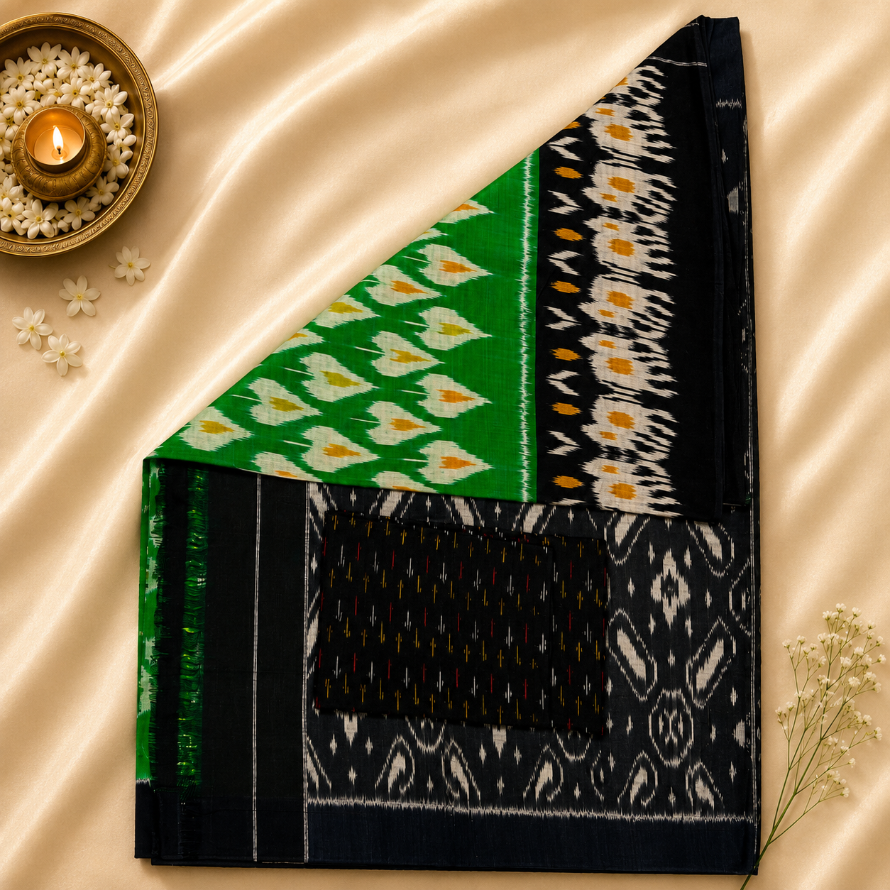 Pochampally Ikkat Cotton Saree – Emerald Green & Black Handwoven Elegance