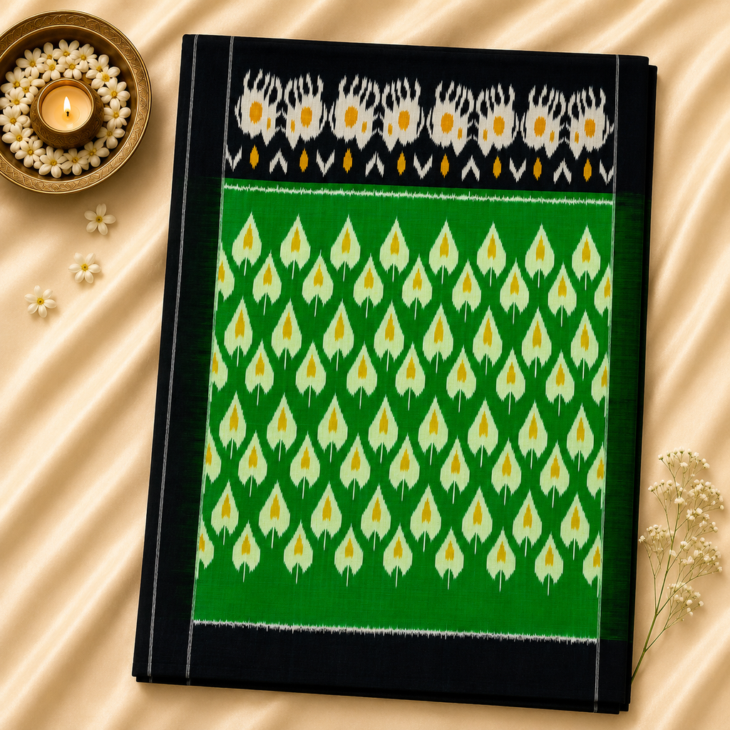 Pochampally Ikkat Cotton Saree – Emerald Green & Black Handwoven Elegance