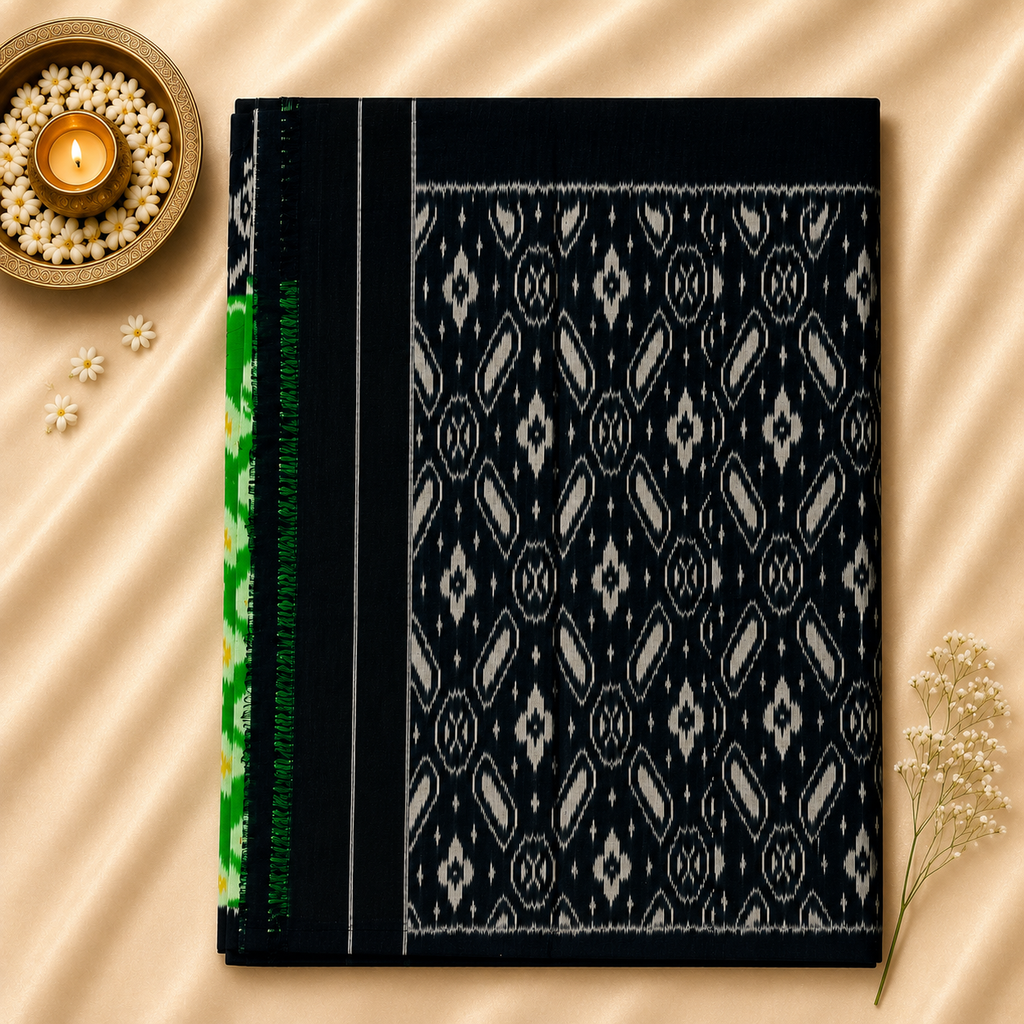 Pochampally Ikkat Cotton Saree – Emerald Green & Black Handwoven Elegance