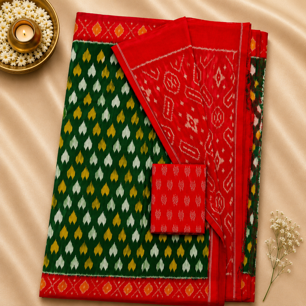 Pochampally Ikkat Cotton Saree – Emerald Green & Scarlet Red Handwoven Class