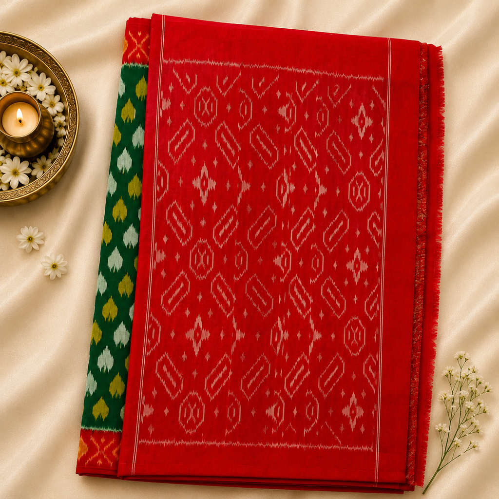 Pochampally Ikkat Cotton Saree – Emerald Green & Scarlet Red Handwoven Class