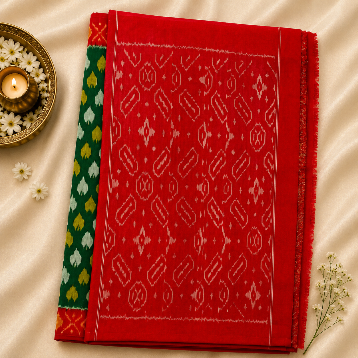 Pochampally Ikkat Cotton Saree – Emerald Green & Scarlet Red Handwoven Class