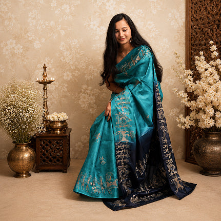 Firozi Utsav Handwoven Pure Kosa Silk Saree with Warli Tribal Art Borders