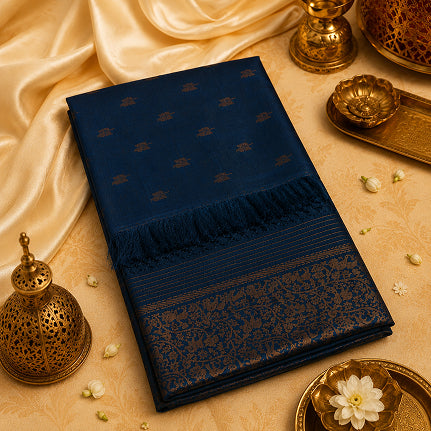 Forest Blue Handwoven Pure Kosa Silk Saree with Antique Zari Pallu