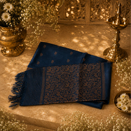 Forest Blue Handwoven Pure Kosa Silk Saree with Antique Zari Pallu