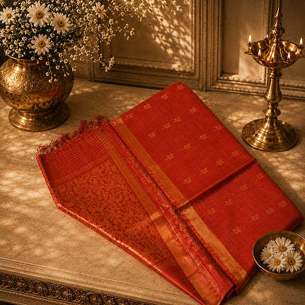 Forest Orange Handwoven Pure Tassar Silk Saree with Antique Zari Pallu