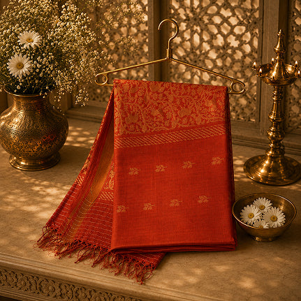 Forest Orange Handwoven Pure Tassar Silk Saree with Antique Zari Pallu