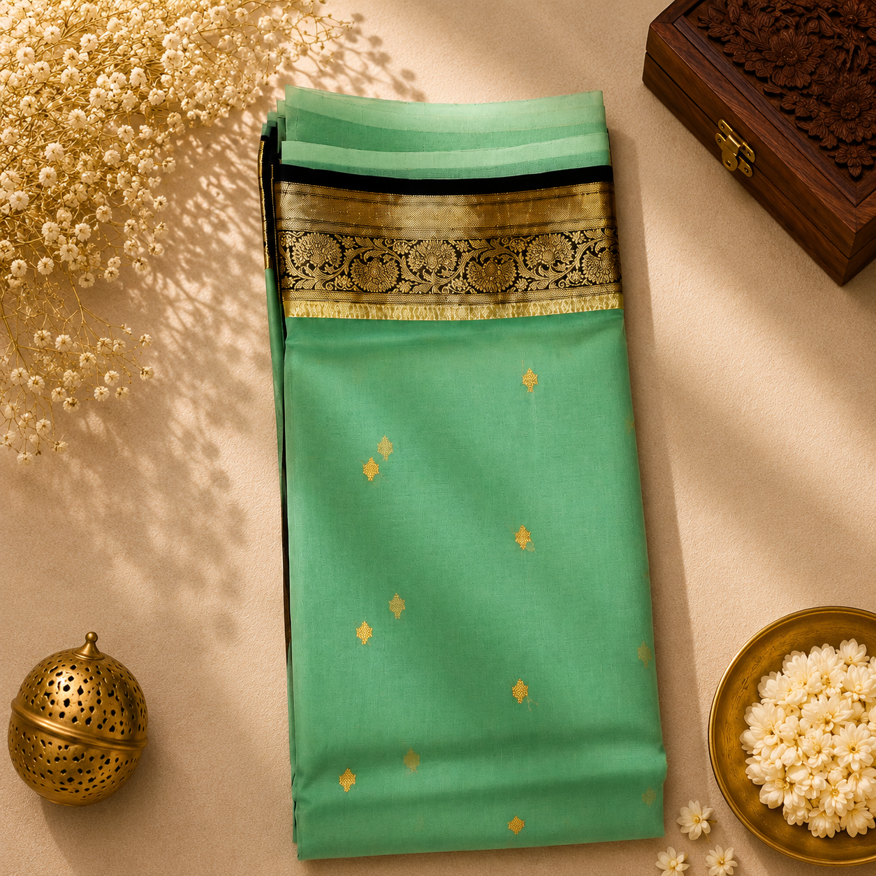 Mint Verde Pure Organza Silk Saree – Mint Green with Antique Gold Zari Border