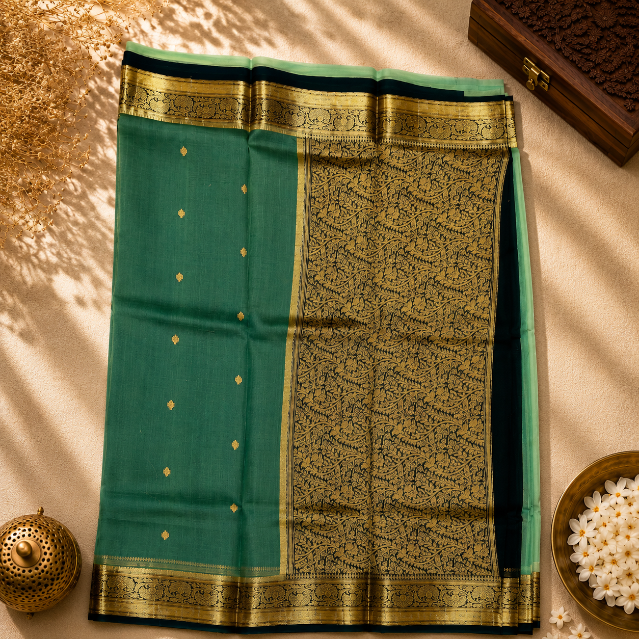 Mint Verde Pure Organza Silk Saree – Mint Green with Antique Gold Zari Border