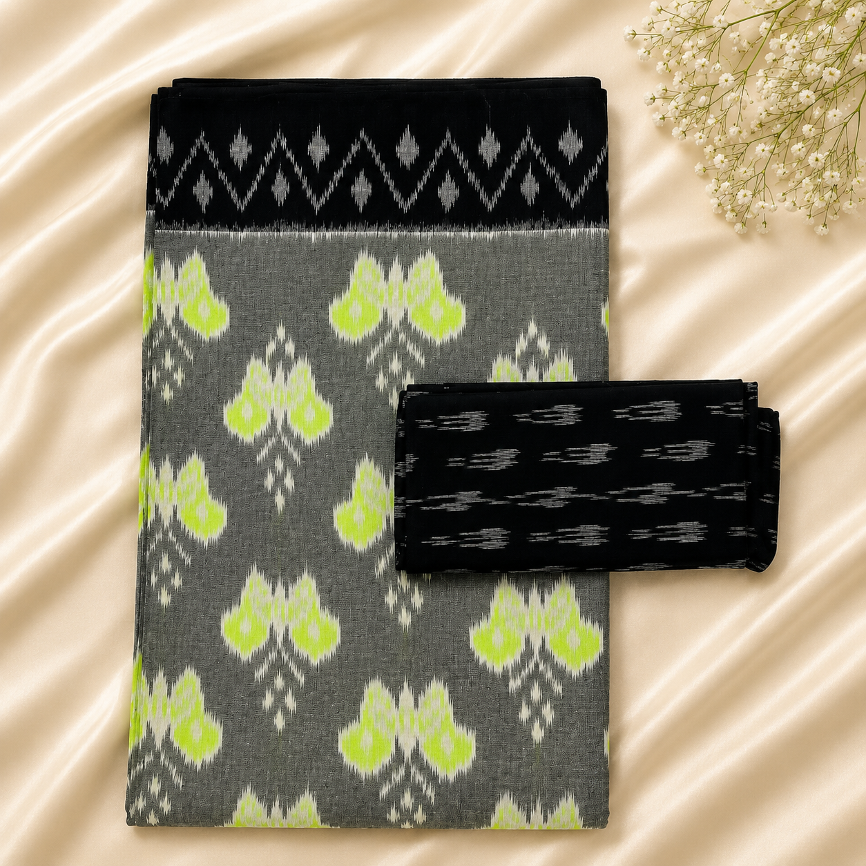 Slate Grey Pochampally Ikkat Cotton Saree – Grey with Lime Green Motifs & Black Contrast Border