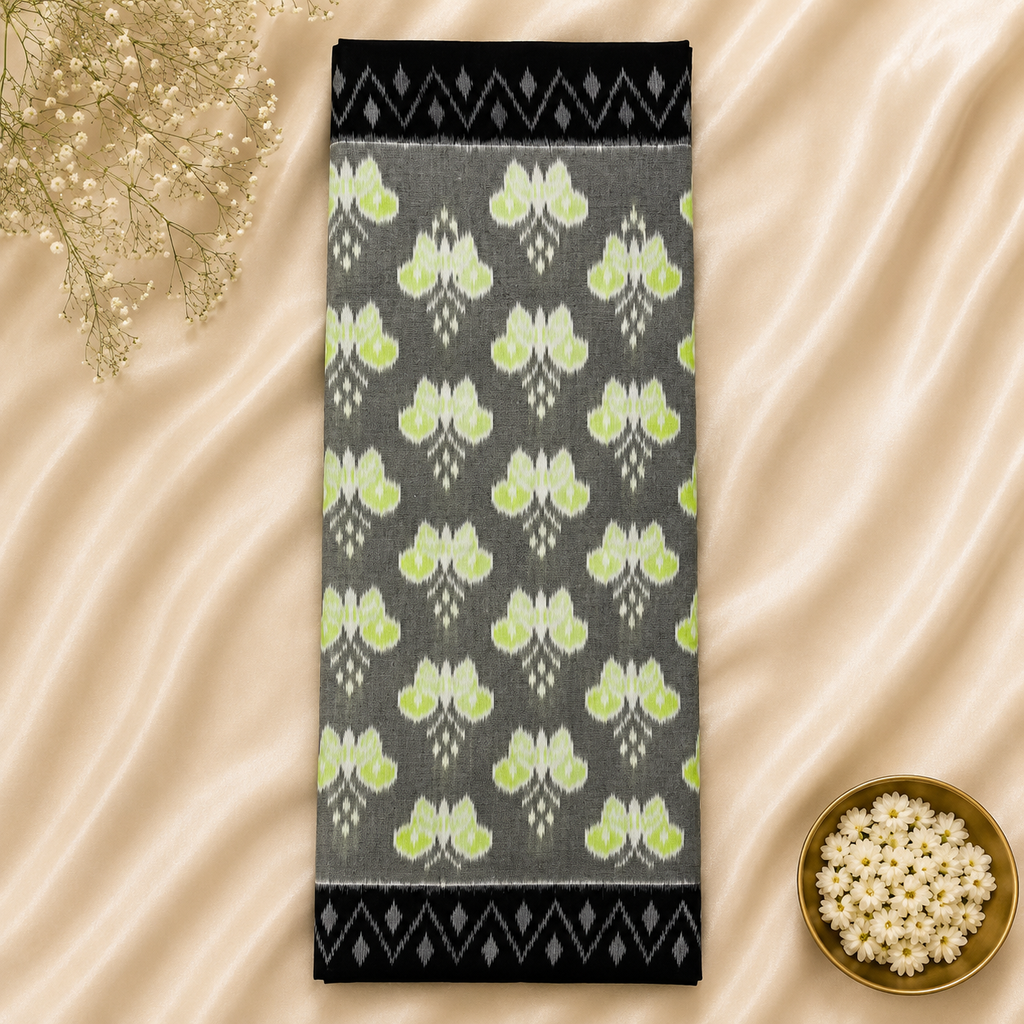 Slate Grey Pochampally Ikkat Cotton Saree – Grey with Lime Green Motifs & Black Contrast Border