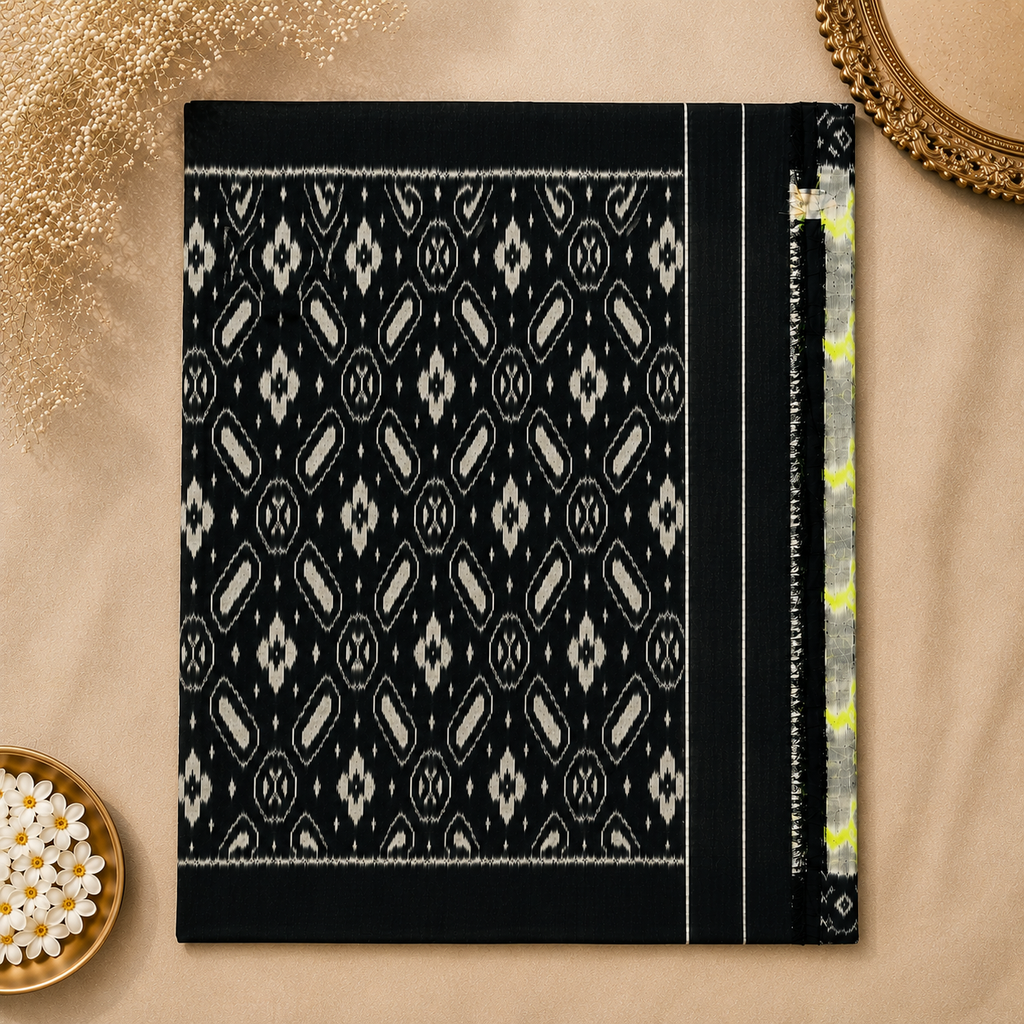 Slate Grey Pochampally Ikkat Cotton Saree – Grey with Lime Green Motifs & Black Contrast Border