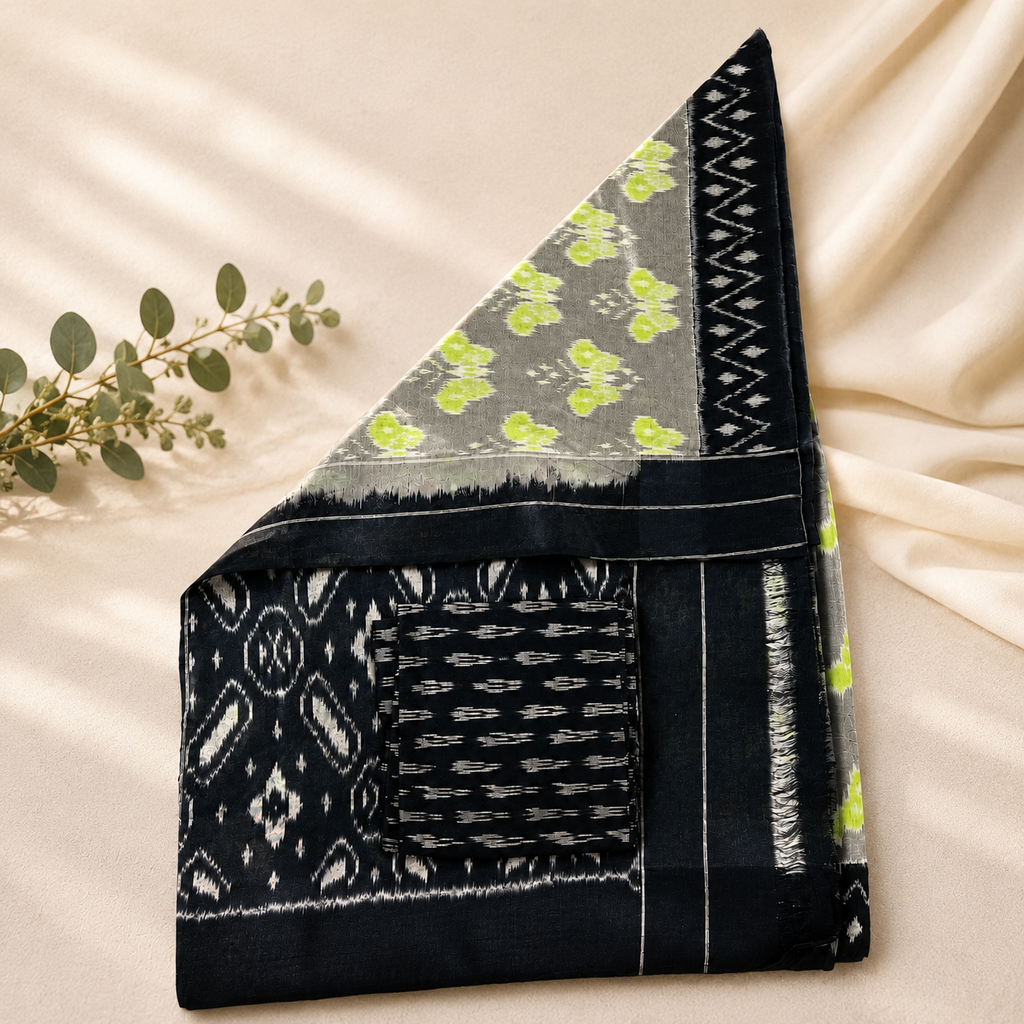 Slate Grey Pochampally Ikkat Cotton Saree – Grey with Lime Green Motifs & Black Contrast Border