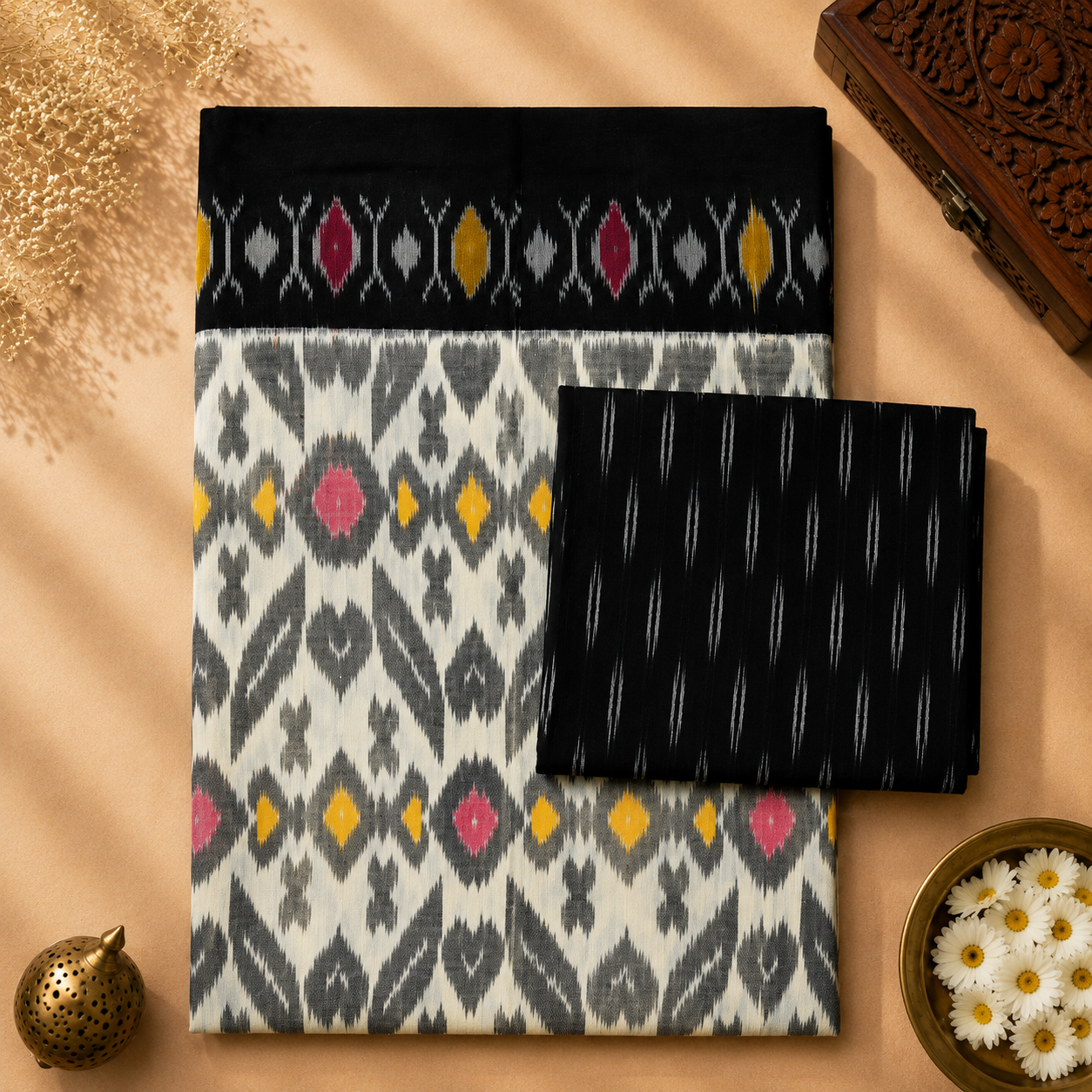 Ivory Pochampally Ikkat Cotton Saree – Ivory with Black Border & Multicolor Ikat Motifs