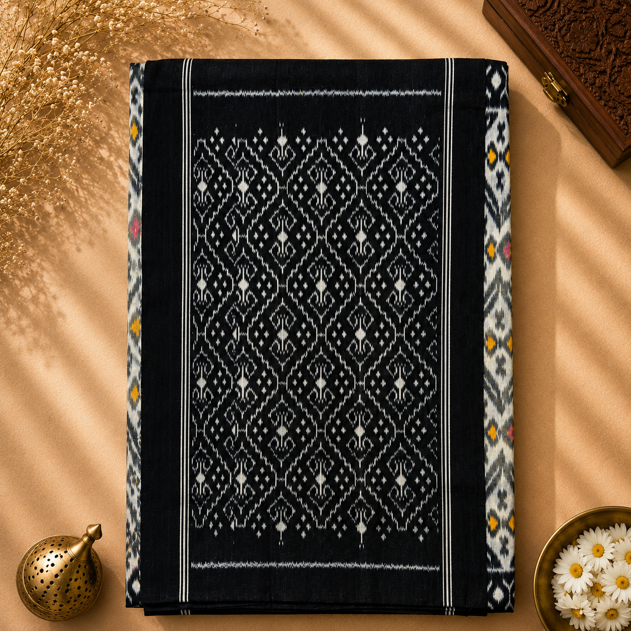 Ivory Pochampally Ikkat Cotton Saree – Ivory with Black Border & Multicolor Ikat Motifs