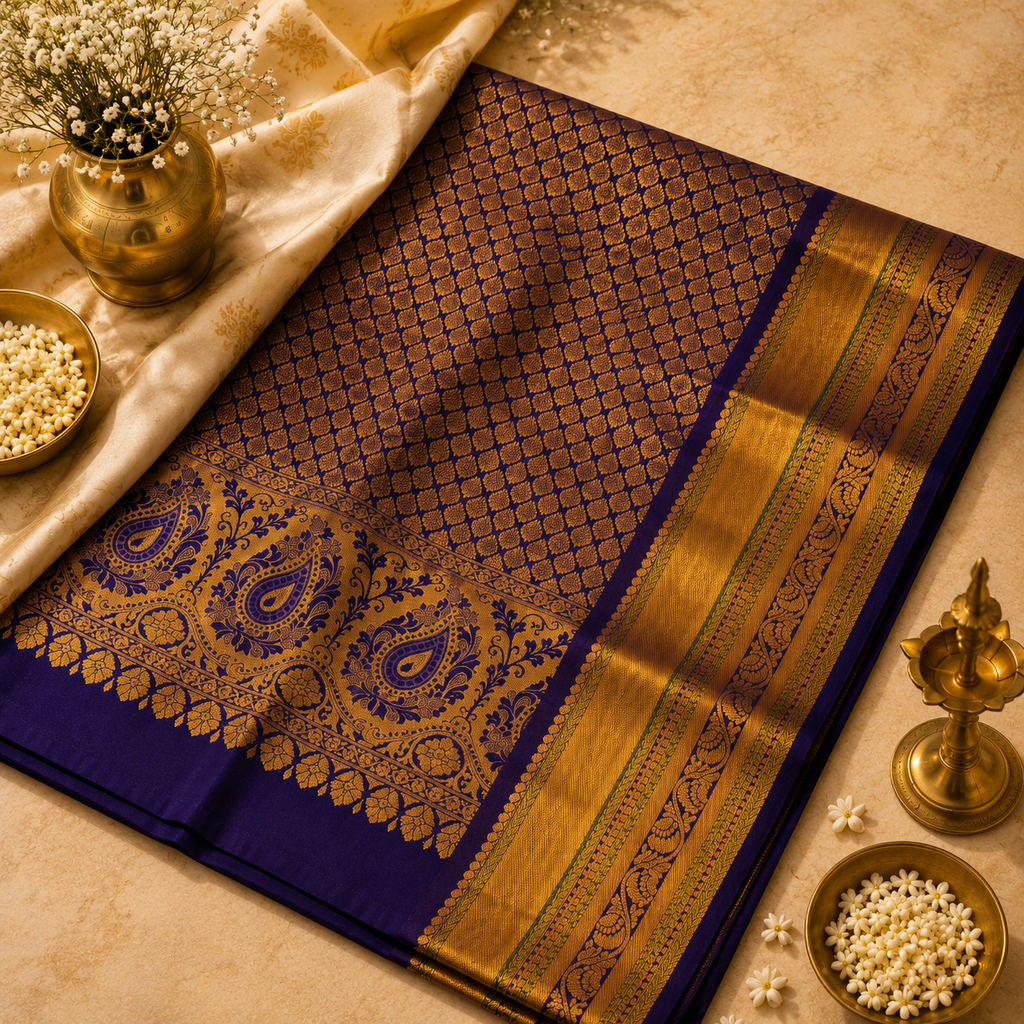 Kanchi Pearl Ivory & Royal Blue Pure Silk Saree with Rich Zari Border