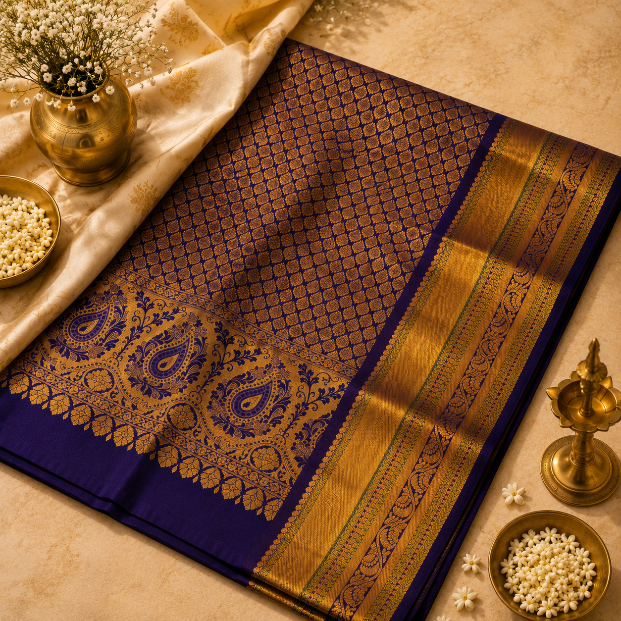Kanchi Pearl Ivory & Royal Blue Pure Silk Saree with Rich Zari Border