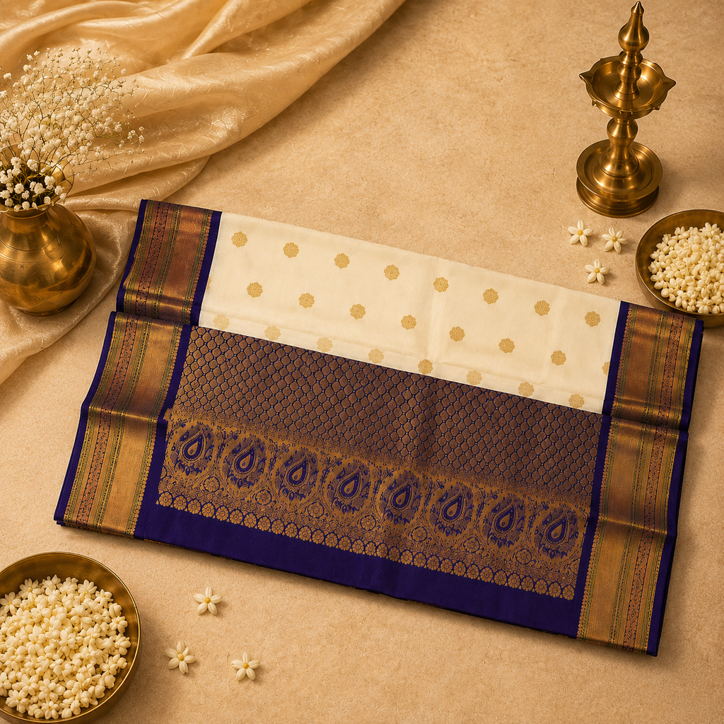 Kanchi Pearl Ivory & Royal Blue Pure Silk Saree with Rich Zari Border