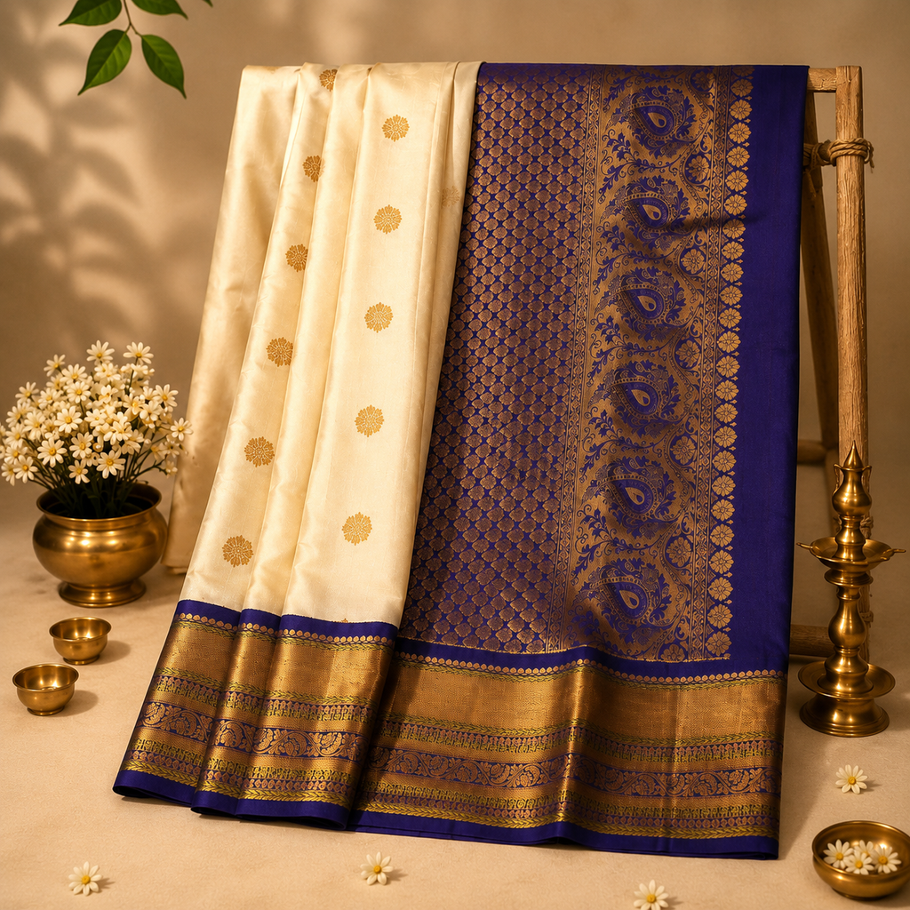 Kanchi Pearl Ivory & Royal Blue Pure Silk Saree with Rich Zari Border