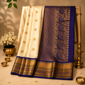 Kanchi Pearl Ivory & Royal Blue Pure Silk Saree with Rich Zari Border