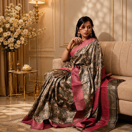 Kosa Floral Hand-Block Printed Pure Kosa Silk Saree with Onion Pink Border