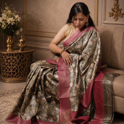 Kosa Floral Hand-Block Printed Pure Kosa Silk Saree with Onion Pink Border