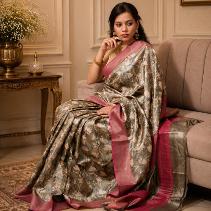 Kosa Floral Hand-Block Printed Pure Kosa Silk Saree with Onion Pink Border