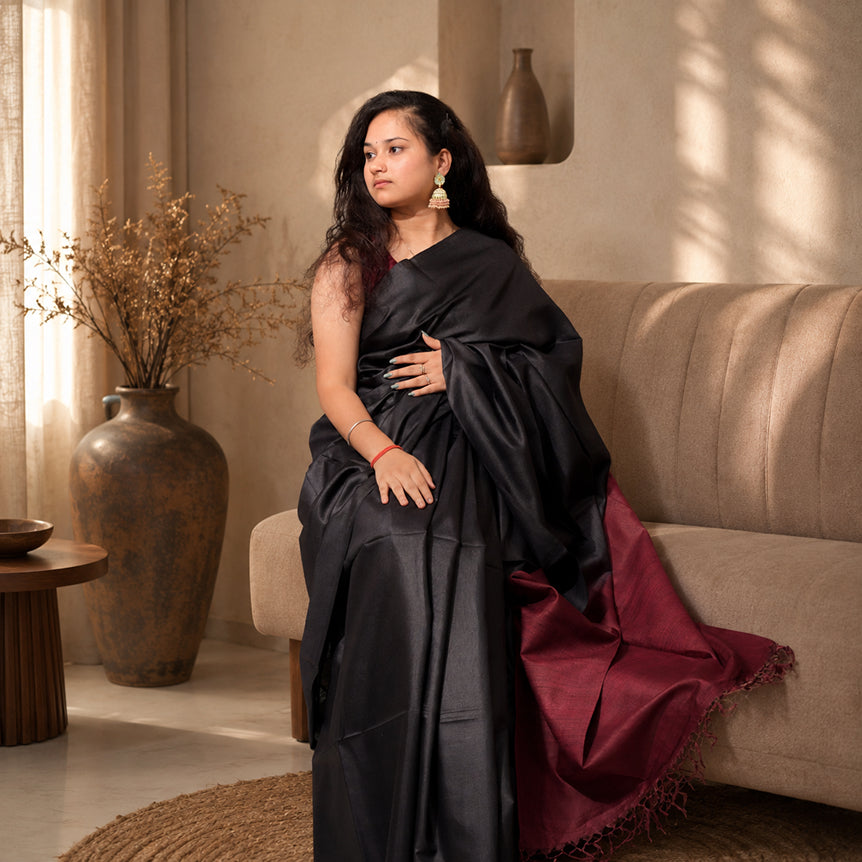 Krishna Handwoven Pure Tassar Silk Saree in Midnight Black & Wine