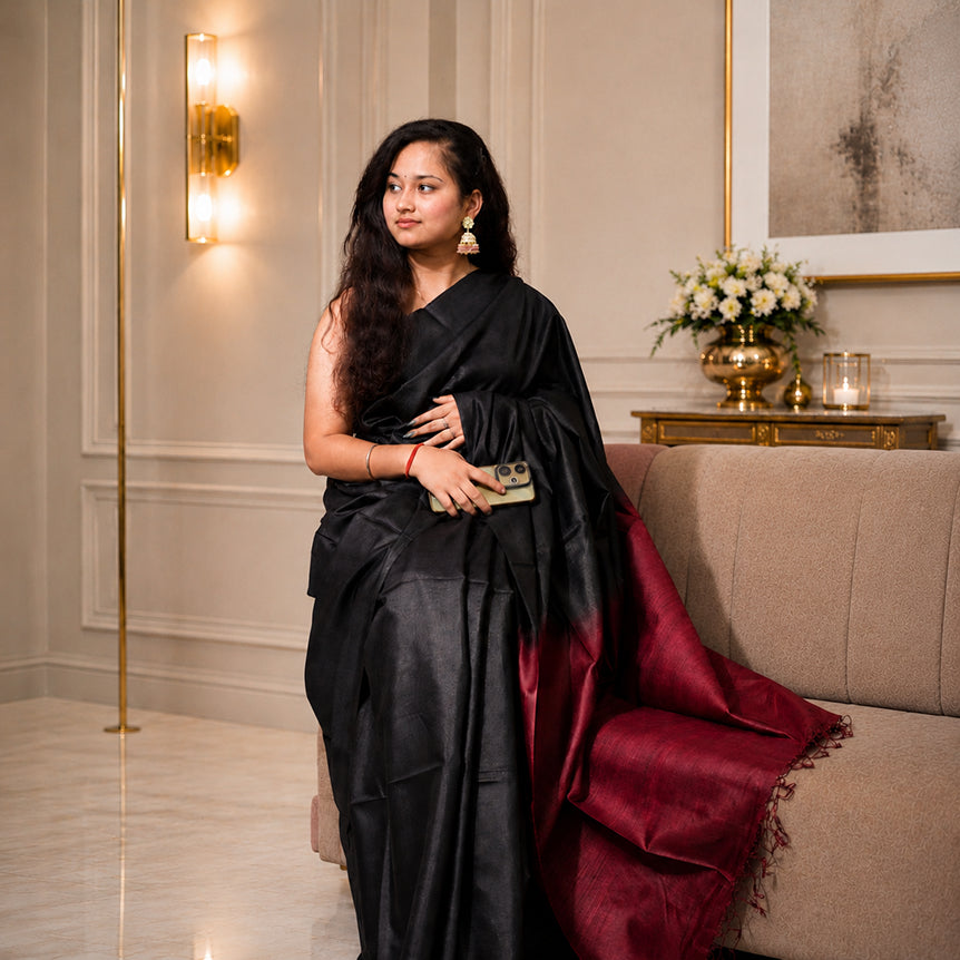 Krishna Handwoven Pure Tassar Silk Saree in Midnight Black & Wine
