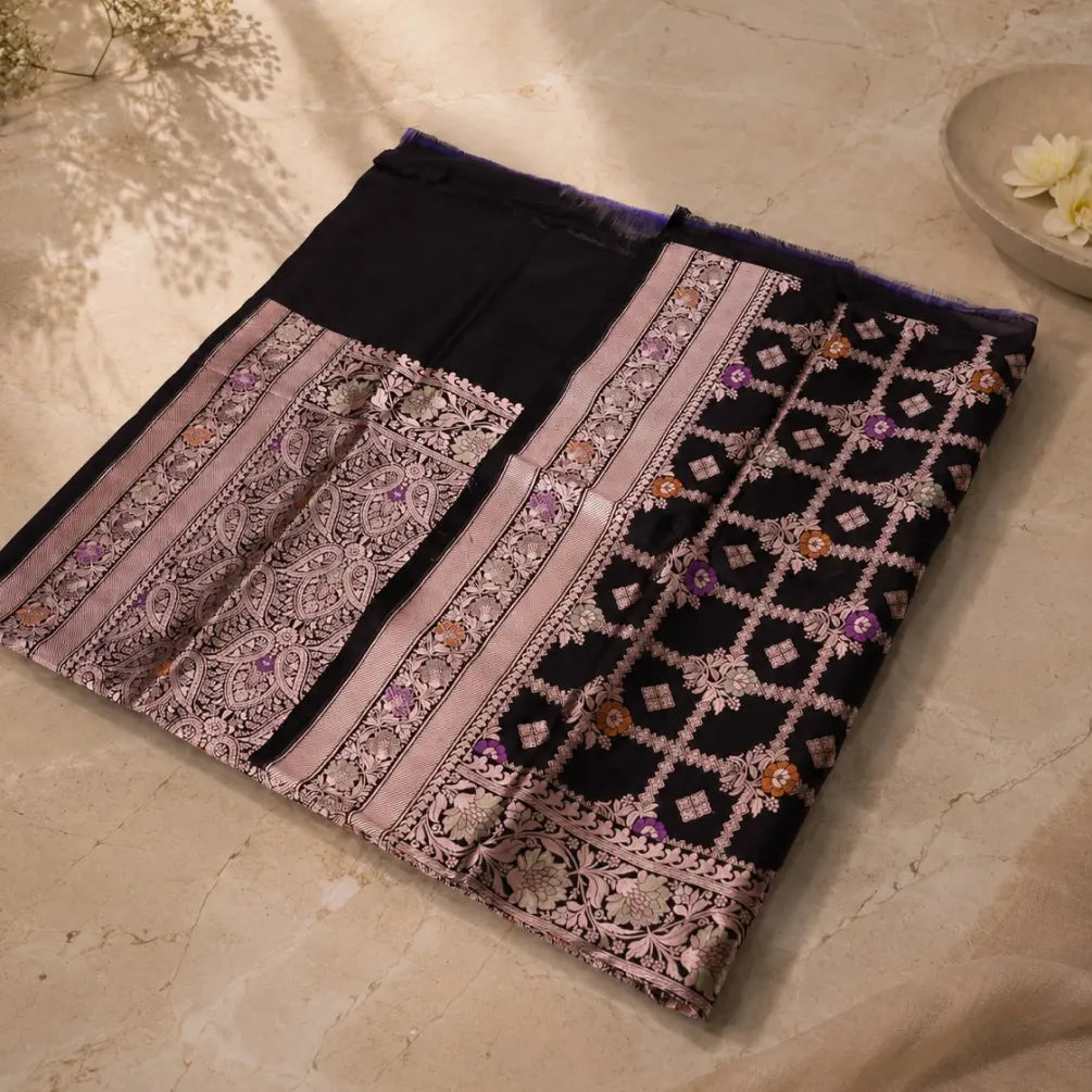 Midnight Black Silver Zari Handwoven Silk Saree with Floral Border & Designer Pallu