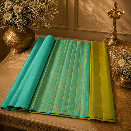 Mint Green & Lime Yellow Handwoven Pure Silk Kanjivaram Saree