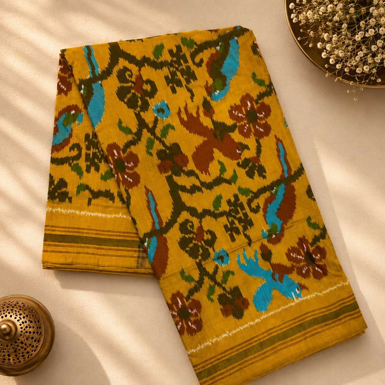Heritage Mustard Pure Pochampally Silk Saree – Mustard Yellow with Traditional Floral & Bird Ikat Art